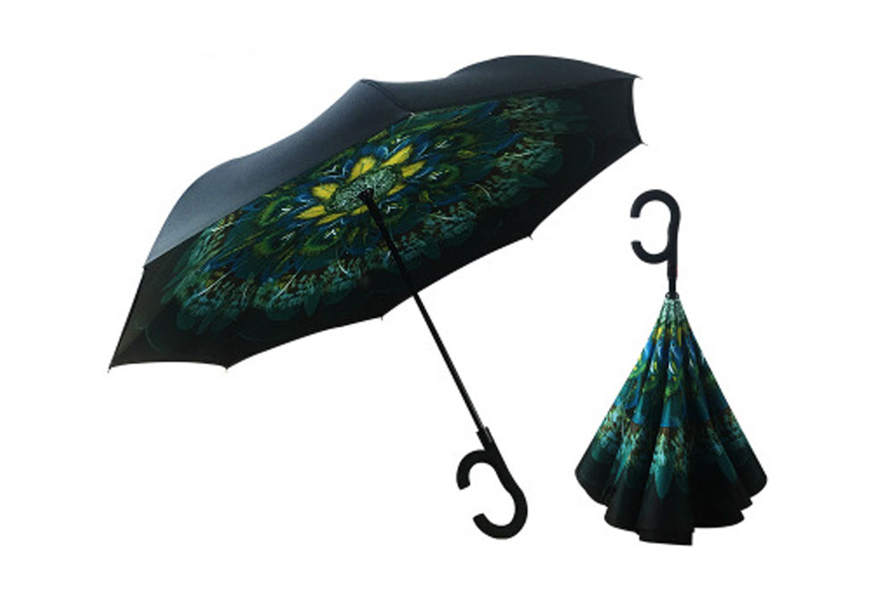 Auto Open Double Layer Inverted Car Reverse Umbrella with C-Shaped Handle