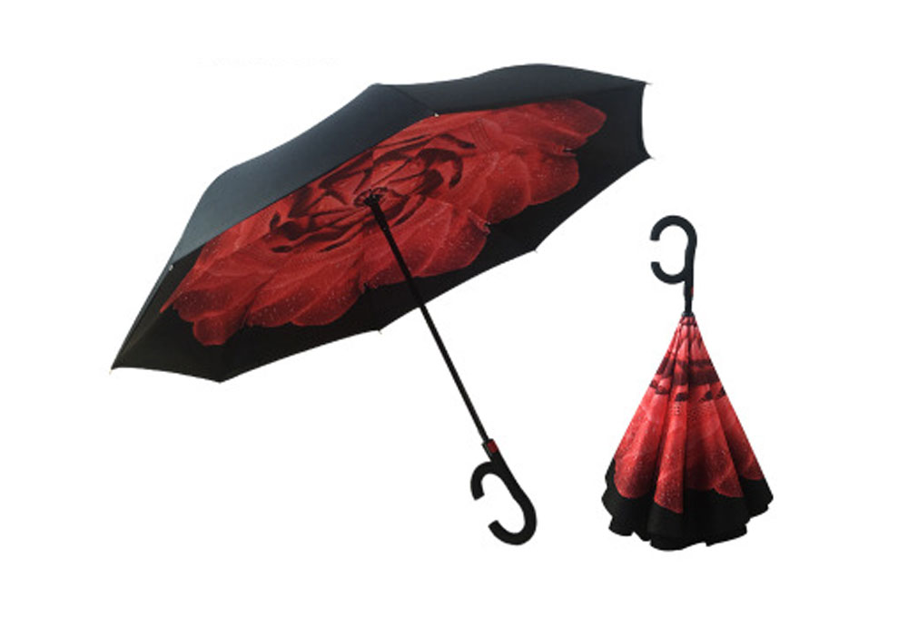 Auto Open Double Layer Inverted Car Reverse Umbrella with C-Shaped Handle