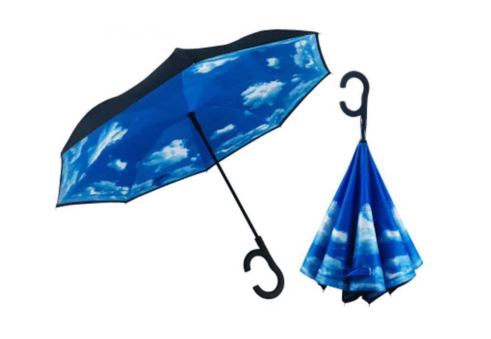 Auto Open Double Layer Inverted Car Reverse Umbrella with C-Shaped Handle