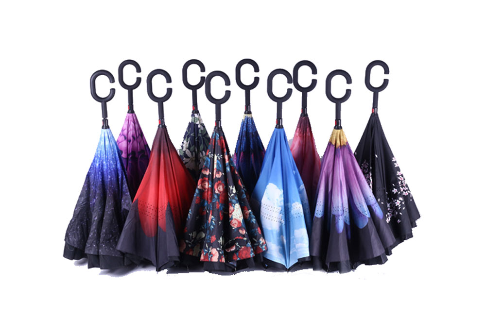 Auto Open Double Layer Inverted Car Reverse Umbrella with C-Shaped Handle